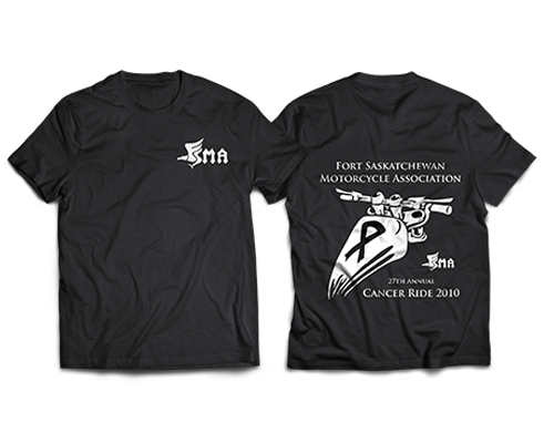 t-shirt with the FSMA logo on front, and an image of a bike on the back with the tagline, Cancer Ride 2010
